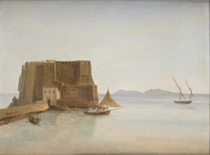 ECOLE FRANCAISE DU XIXème siècle Bateaux rentrant au port avec un bâtiment fortifié...