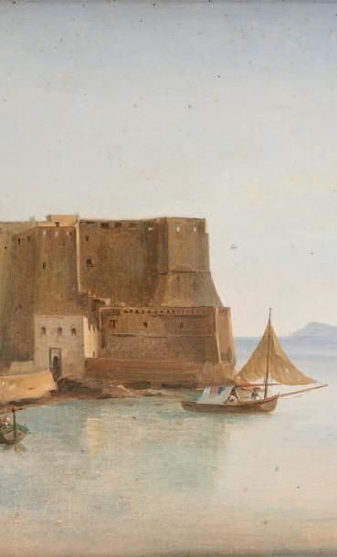 ECOLE FRANCAISE DU XIXème siècle Bateaux rentrant au port avec un bâtiment fortifié...