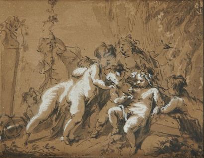 Jacob de WIT (Amsterdam 1695 - 1754) Le jeune Bacchus et Putti Plume et encre noire,...
