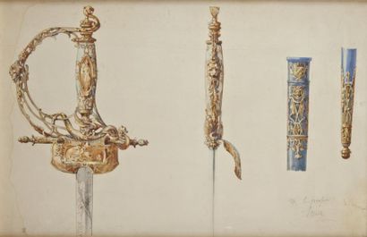 EUGÈNE JULIENNE (? VERS 1800 - 1872) Projet pour une épée Plume et encre noire, aquarelle...