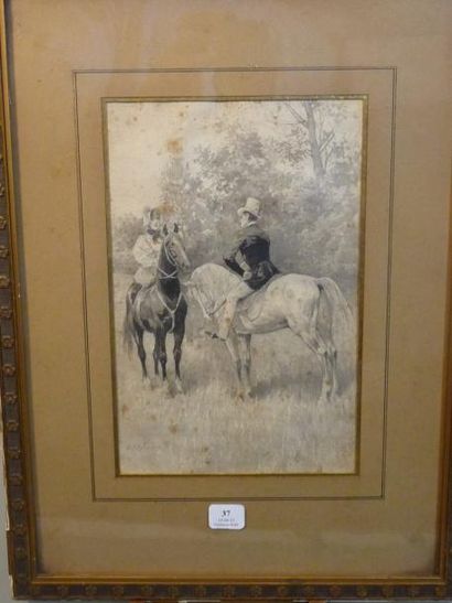 Stanislaw REJCHAN (1858-1919) Couple de cavaliers Lavis d'encre Signé 22,4 x 14,3...