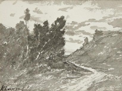 HENRY HARPIGNIES (VALENCIENNES 1819-1916 SAINT-PRIVÉ) Paysage aux arbres, 1910 Fusain...