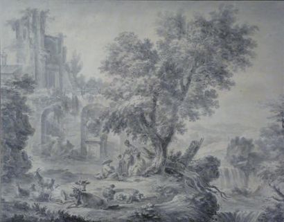 PIERRE-ANTOINE BAUDOUIN (PARIS 1723 - 1769) Famille de bergers se reposant près de...