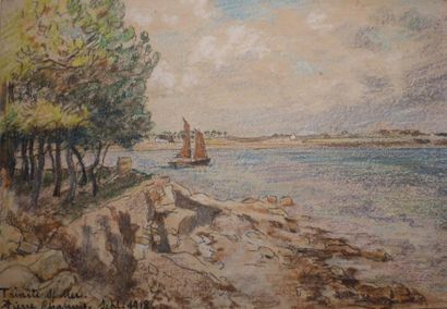 Pierre CHAPUIS (1863-1942) Voilier, La Trinité sur Mer, 1918 Pastel et mine de plomb...