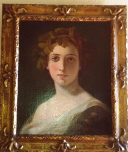 École Française du XIXe siècle «Portrait de femme coiffée de pampres». Huile sur...