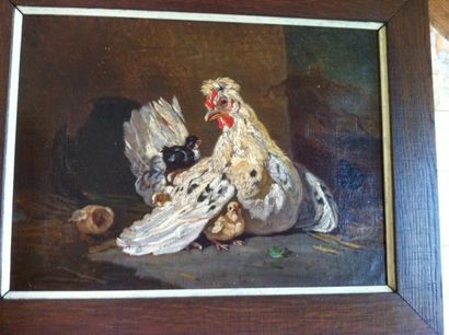 ÉCOLE FRANÇAISE du XX siècle «Nature morte aux poules» Huile sur toile 23,5x32 c...