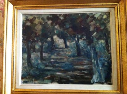SILVAIN VIGNY (1902-1970) «Sous-bois» Huile sur toile signée en bas à gauche.32x40...