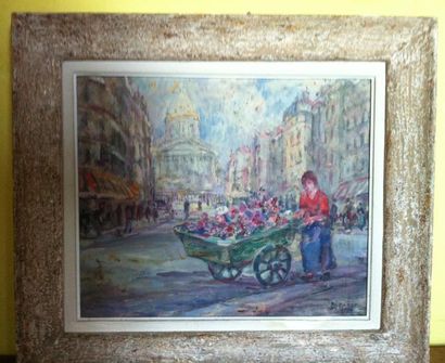 RAPHAEL DUBOIS (1888- ?) «La marchande de fleurs en bas de la rue Soufflot» Huile...