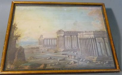 Ecole Napolitaine «Vue du Temple de Paestum» Gouache 37x50