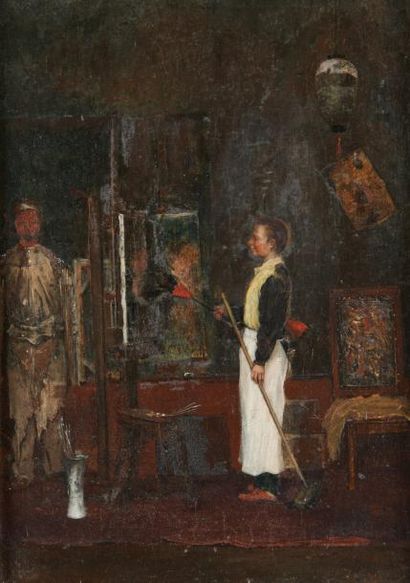 Henri JACQUIER (1879-1921) Dans l'atelier du peintre Huile sur panneau d'acajou Signé...
