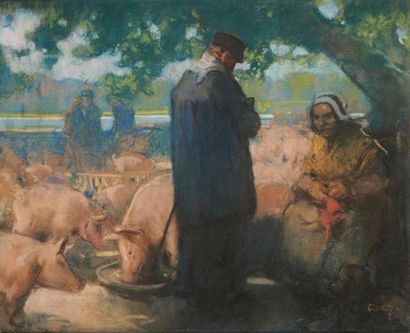 Louis FORTUNEY (1878-1950) La foire aux cochons Pastel Signé en bas à droite 50 x...