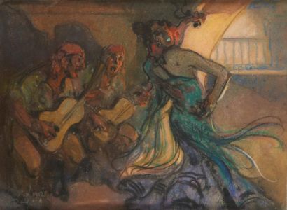 Louis FORTUNEY (1878-1950) Danseuse et musiciens, 1912 Pastel sur carton Signé et...