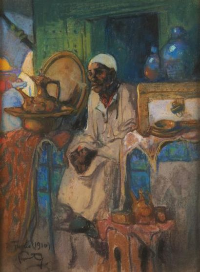 Louis FORTUNEY (1878-1950) Le salon de thé à Tunis, 1910 Pastel sur carton Signé,...