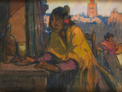 Louis FORTUNEY (1878-1950) Espagnole à la cigarette, Séville, 1906 Pastel sur carton...