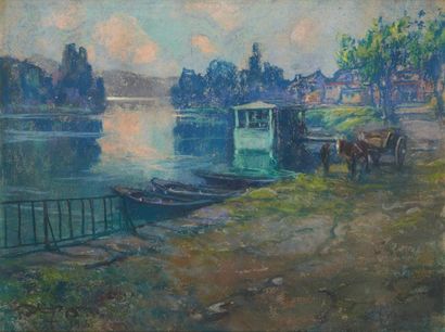 Louis FORTUNEY (1878-1950) Les bords de Seine à Alfortville, 1916 Pastel sur carton...