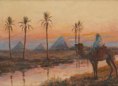 XXème SIECLE Coucher de soleil sur les pyramides Huile sur toile Signée indistinctement...