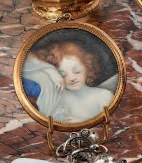 null Miniature sur ivoire ronde, représentant une "jeune fille endormie" portant...