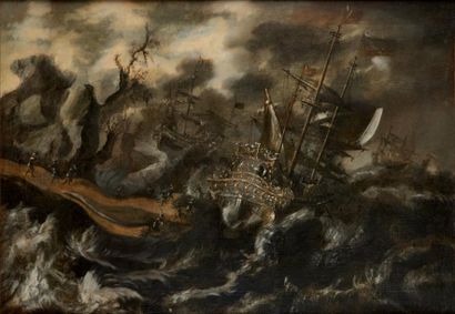 Attribué à Pieter MULIER dit TEMPESTA (1637 - 1701) Navires sur une mer agitée près...
