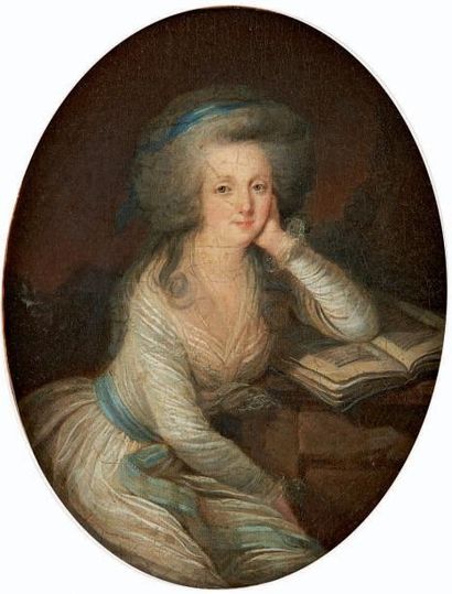 Ecole Francaise vers 1780 Jeune femme accoudée sur un livre Toile ovale 23 x 19 ...
