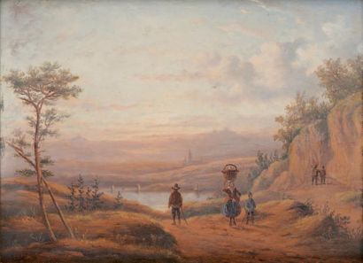 Attribué à Alexandre PAU de Saint MARTIN Paysans se promenant devant un paysage lacustre...