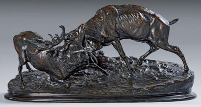 PJ MENE (1810-1879) d'après Combat de cerfs Epreuve en bronze à patine brune signée....