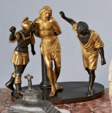 null Sujet en bronze à patine brune et dorée, représentant le christ à la colonne...