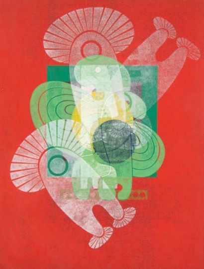 Ervin NEUHAUS (1928-2012) Sans titre Linogravure en couleurs sur toile marouflée...