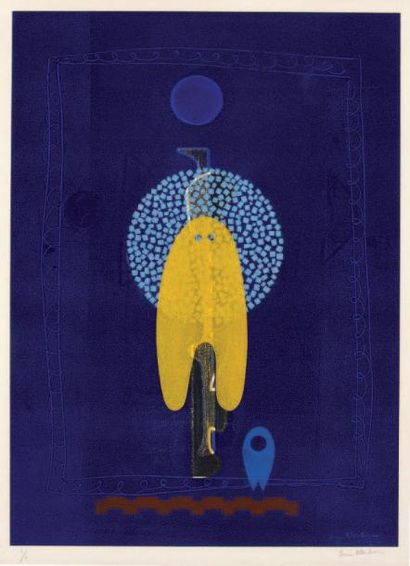 Ervin NEUHAUS (1928-2012) Un penseur Monotype. Linogravure en couleurs signée en...