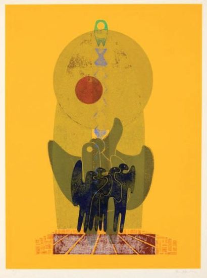 Ervin NEUHAUS (1928-2012) Les oiseaux cosmiques, 1973 Monotype. Linogravure en couleurs...