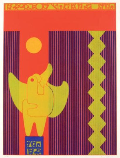 Ervin NEUHAUS (1928-2012) Composition à l'oiseau jaune Linogravure en couleurs, signée...
