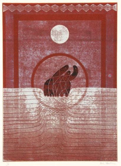 Ervin NEUHAUS (1928-2012) Composition à la lune Monotype. Linogravure en couleurs...