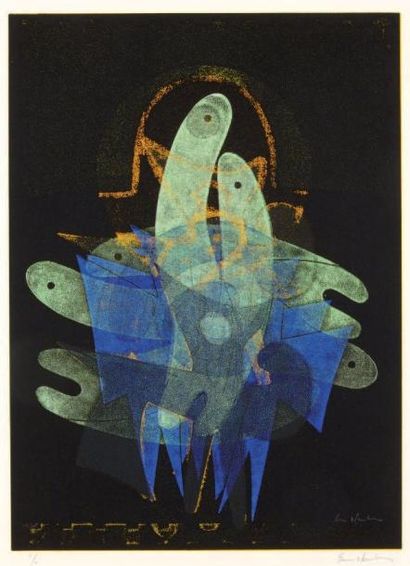 Ervin NEUHAUS (1928-2012) Composition fond noir, 1975 Monotype. Linogravure en couleurs...
