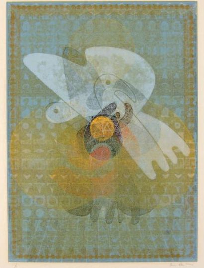 Ervin NEUHAUS (1928-2012) Composition Monotype. Linogravure en couleurs signée en...