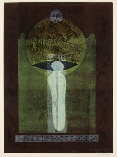 Ervin NEUHAUS (1928-2012) Une âme Monotype. Linogravure en couleurs signée en bas...