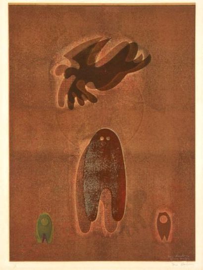 Ervin NEUHAUS (1928-2012) Dédoublement Monotype. Linogravure en couleurs signée en...