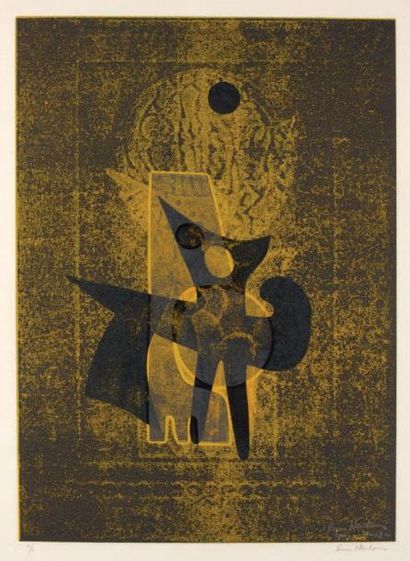 Ervin NEUHAUS (1928-2012) Bakuba Monotype. Linogravure en couleurs signée en bas...