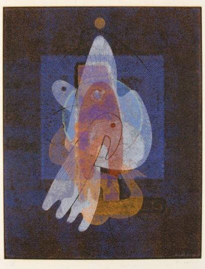 Ervin NEUHAUS (1928-2012) Êtres cosmiques, 1973 Monotype. Linogravure en couleurs...