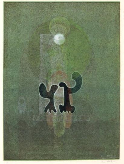 Ervin NEUHAUS (1928-2012) Rencontre Monotype. Linogravure en couleurs signée en bas...