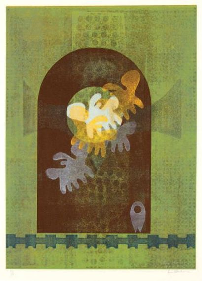 Ervin NEUHAUS (1928-2012) Composition fond vert Monotype. Linogravure en couleurs...