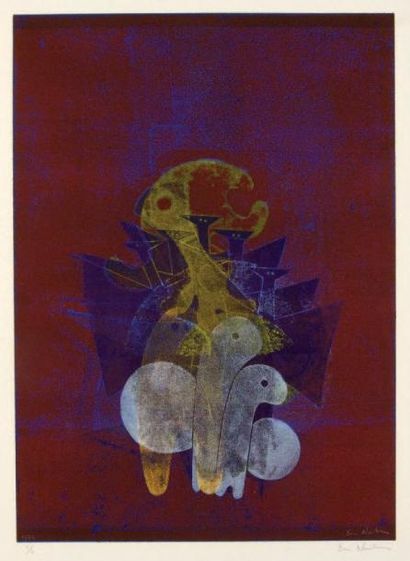 Ervin NEUHAUS (1928-2012) Composition au fond rouille, 1973 Monotype. Linogravure...