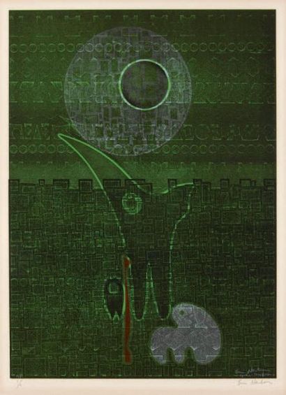Ervin NEUHAUS (1928-2012) Folklorique, 1971 Monotype. Linogravure en couleurs signée...