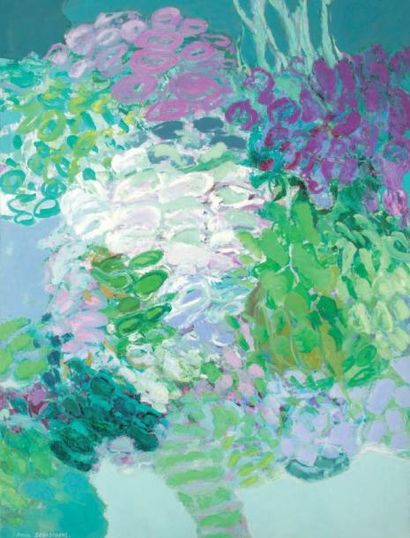 Denise BOURDOUXHE (1925- 1990) Jardin aux iris violets Huile sur toile, signée en...
