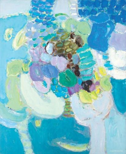 Denise BOURDOUXHE (1925- 1990) Le vase bleu Huile sur toile, signée en bas à droite....