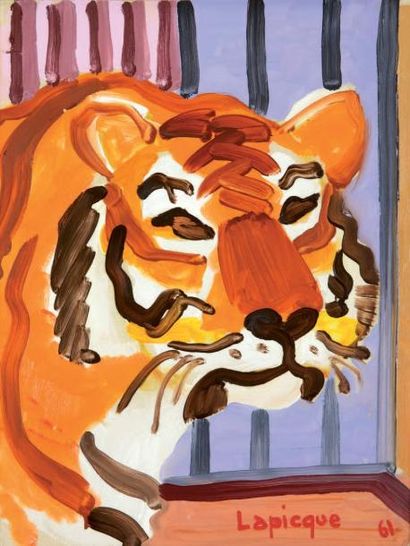Charles LAPICQUE (1898-1988) Tigre, 1961. Huile sur papier marouflé sur toile, signé...