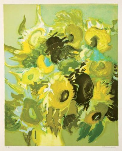 Denise BOURDOUXHE (1925- 1990) Tournesols Lithographie en couleurs. 78,5 x 60 cm...