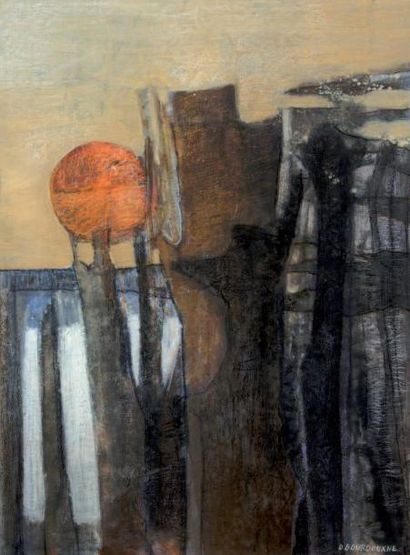 Denise BOURDOUXHE (1925- 1990) Lune dans la forêt Huile et pastel sur papier, signé...