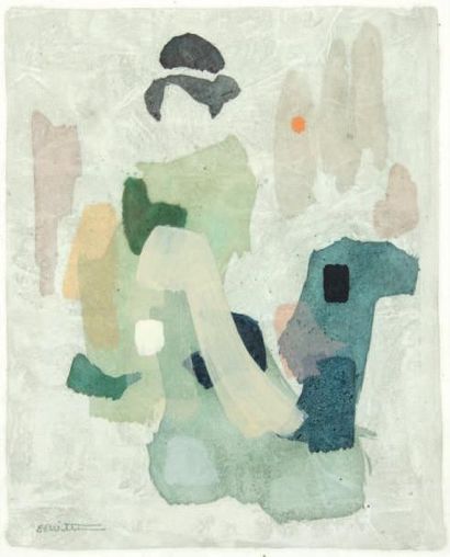 Eugène Roy WITTEN (1920-2004) Geisha en vert pâle Huile sur papier, signé en bas...