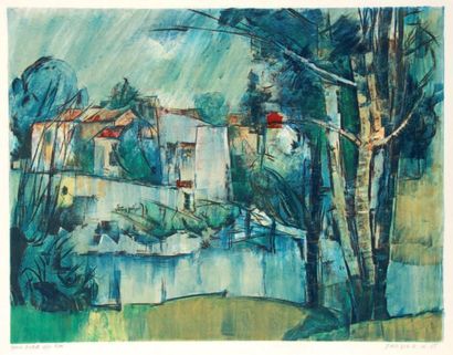 Raoul PRADIER (né en 1929) Maisons au bord de l'eau, 1958 Lithographie en couleurs,...