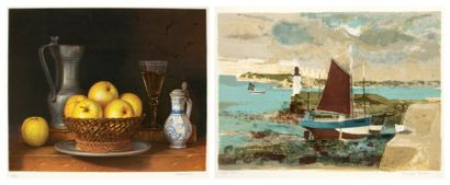 Michel RODDE (1913-2009) Bateaux et phare Lithographie en couleurs, signée en bas...