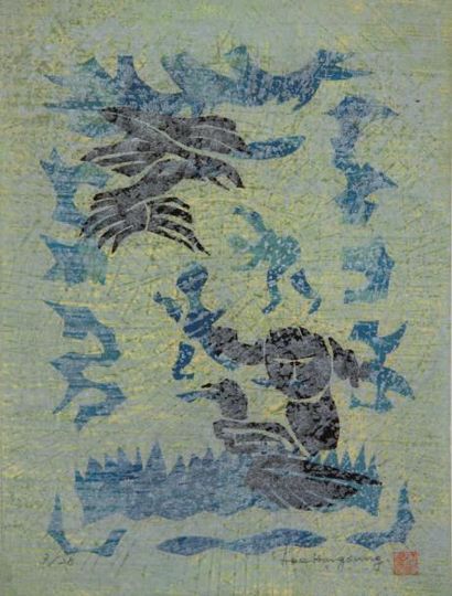 LEE Hang Sung (né en 1919) Poursuite de l'oiseau Bois gravé en couleurs sur papier...